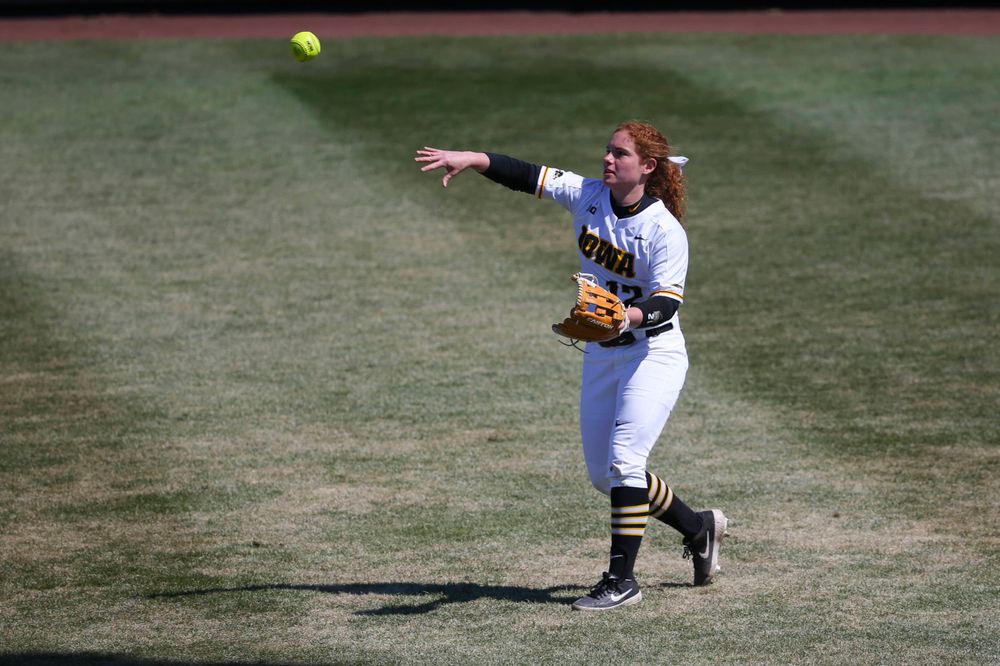 Iowa's Kate Claypool (12) at game 3 vs Northwestern on Sunday, March 31, 2019 at Bob Pearl Field. (Lily Smith/hawkeyesports.com)