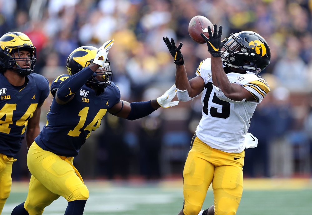 Iowa Hawkeyes running back Tyler Goodson (15) against the Michigan Wolverines Saturday, October 5, 2019 at Michigan Stadium in Ann Arbor, MI. (Brian Ray/hawkeyesports.com)