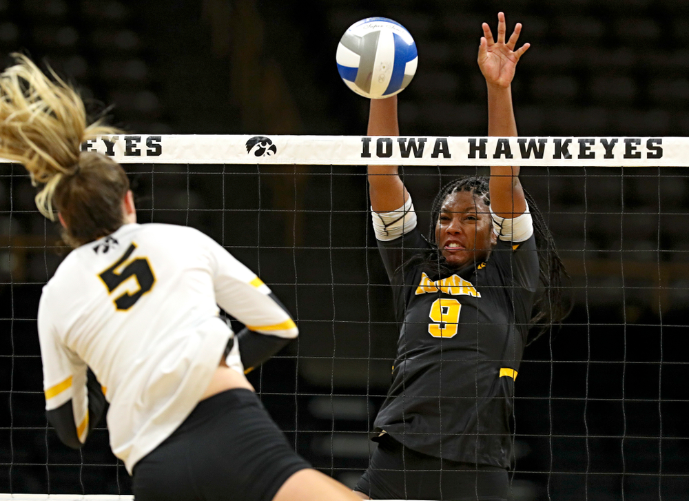 Iowa’s Amiya Jones (9) during the third set of the Black and Gold scrimmage at Carver-Hawkeye Arena in Iowa City on Saturday, Aug 24, 2019. (Stephen Mally/hawkeyesports.com)