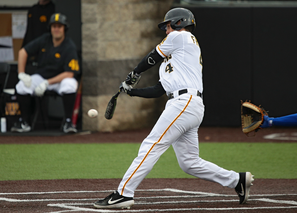Iowa left fielder Brayden Frazier (4) bats during the fourth inning of their college baseball game at Duane Banks Field in Iowa City on Wednesday, March 11, 2020. (Stephen Mally/hawkeyesports.com)