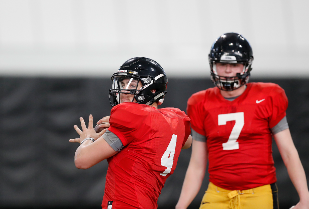 Iowa Hawkeyes quarterback Nathan Stanley (4) during spring practice Wednesday, March 28, 2018 at the Hansen Football Performance Center. (Brian Ray/hawkeyesports.com)
