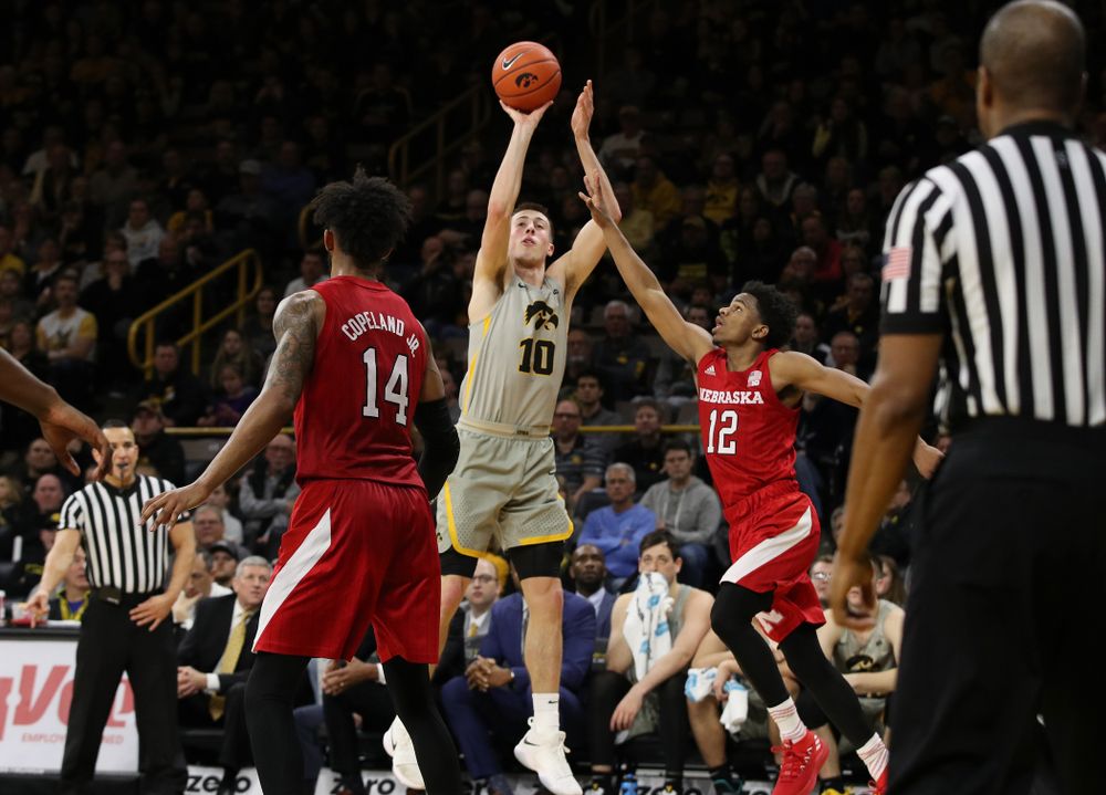 Iowa Hawkeyes guard Joe Wieskamp (10) against the Nebraska Cornhuskers Sunday, January 6, 2019 at Carver-Hawkeye Arena. (Brian Ray/hawkeyesports.com)