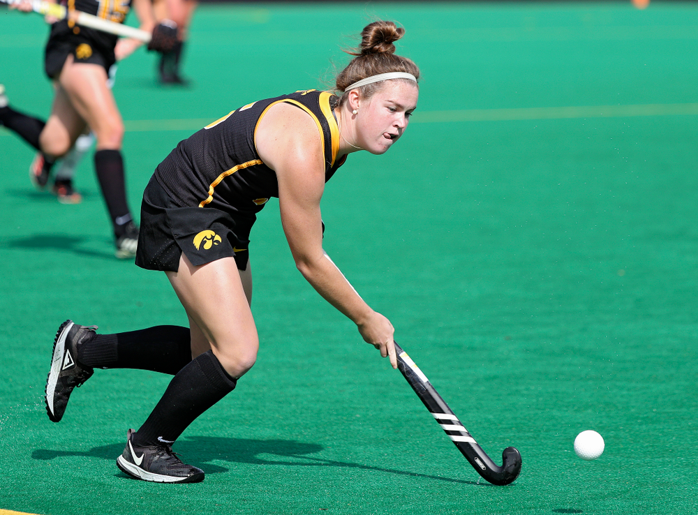 Iowa’s Meghan Conroy (5) moves with the ball during the first quarter of their match at Grant Field in Iowa City on Friday, Oct 4, 2019. (Stephen Mally/hawkeyesports.com)