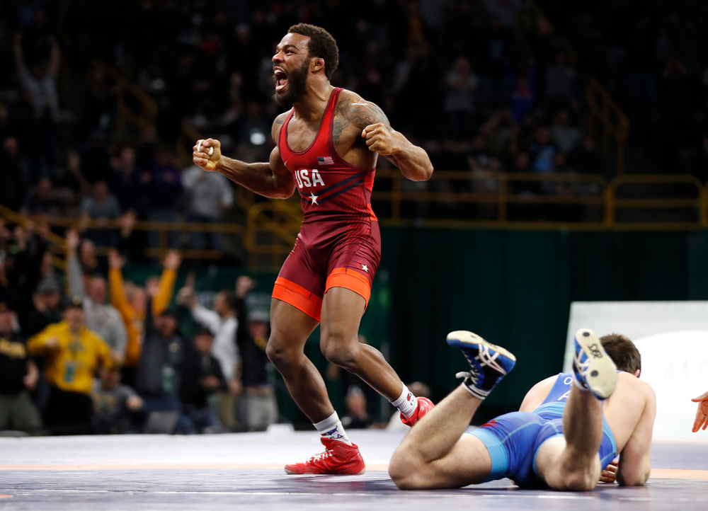 Jordan Burroughs during the gold medal match of the United World Wrestling Freestyle World Cup against Azerbaijan Sunday, April 8, 2018 at Carver-Hawkeye Arena. (Brian Ray/hawkeyesports.com)