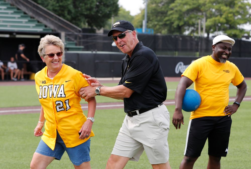 Director of Athletics Gary Barta and Deputy Director of Athletics Barbara Burke during the Iowa Student Athlete Kickoff Kickball game Sunday, August 19, 2018 at Duane Banks Field. (Brian Ray/hawkeyesports.com)