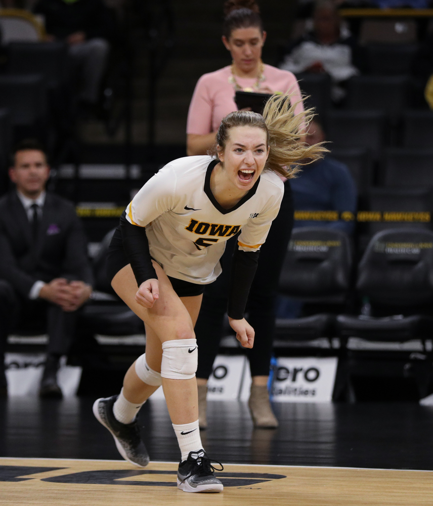 Iowa Hawkeyes outside hitter Meghan Buzzerio (5) against the Ohio State Buckeyes Saturday, November 24, 2018 at Carver-Hawkeye Arena. (Brian Ray/hawkeyesports.com)