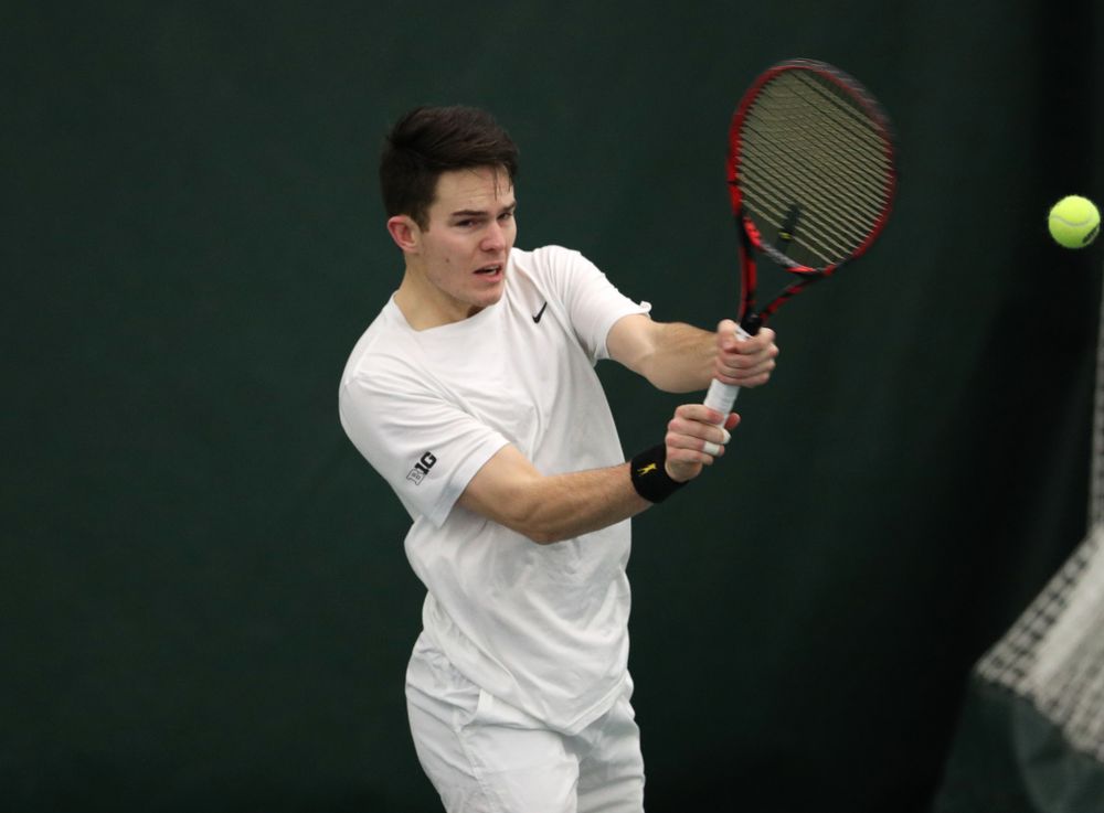 Iowa's Jonas Larsen against North Dakota Friday, January 25, 2019 at the Hawkeye Tennis and Recreation Complex. (Brian Ray/hawkeyesports.com)