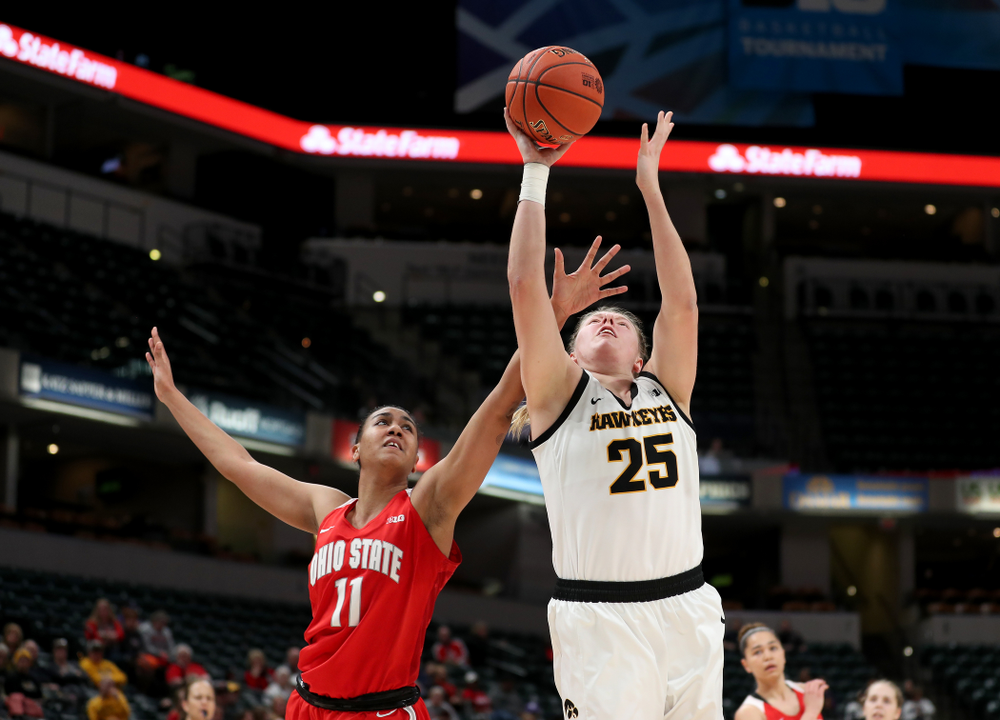 Iowa Hawkeyes forward/center Monika Czinano (25) against Ohio State in the quarterfinals of the Big Ten Basketball Tournament Friday, March 6, 2020 at Bankers Life Fieldhouse in Indianapolis. (Brian Ray/hawkeyesports.com)