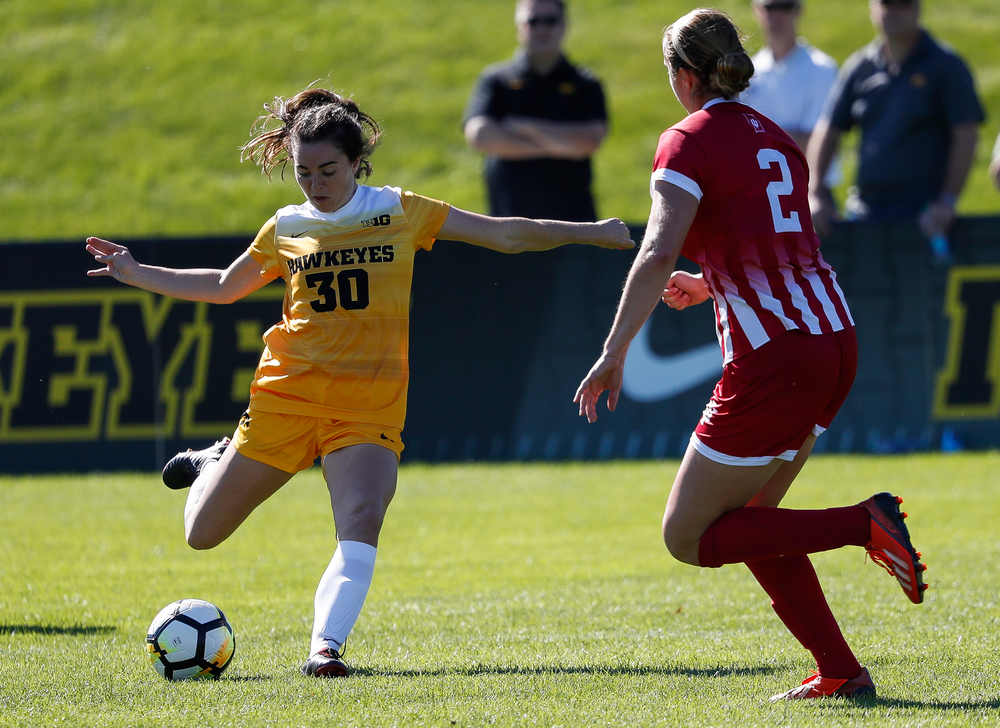 Iowa Hawkeyes forward Devin Burns (30) passes the ball during a game against Indiana at the Iowa Soccer Complex on September 23, 2018. (Tork Mason/hawkeyesports.com)
