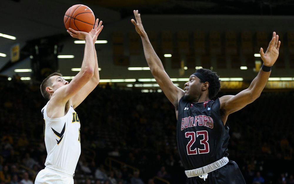 Iowa Hawkeyes guard Joe Wieskamp (10) puts up a 3-pointer during a game against Guilford College at Carver-Hawkeye Arena on November 4, 2018. (Tork Mason/hawkeyesports.com)