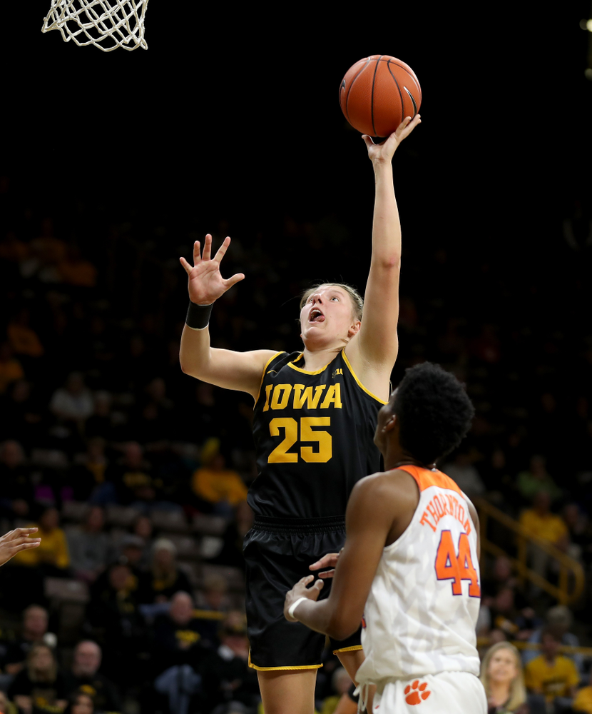 Iowa Hawkeyes forward/center Monika Czinano (25) against Clemson Wednesday, December 4, 2019 at Carver-Hawkeye Arena. (Brian Ray/hawkeyesports.com)