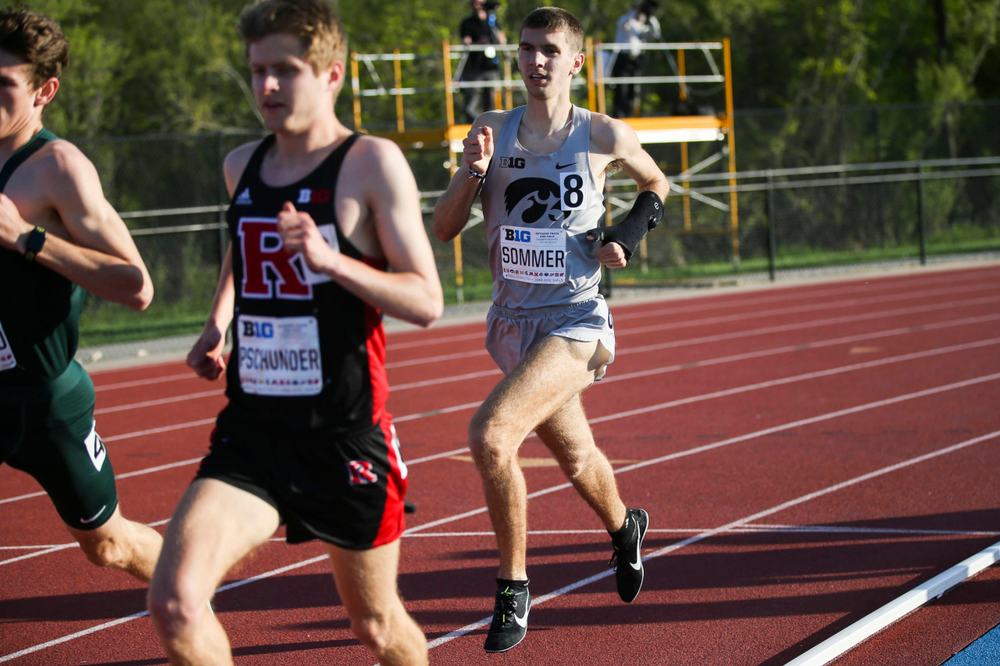 Iowa's Karson Sommer runs during the men's 1500-meter run at the Big Ten Outdoor Track and Field Championships at Francis X. Cretzmeyer Track on Friday, May 10, 2019. (Lily Smith/hawkeyesports.com)