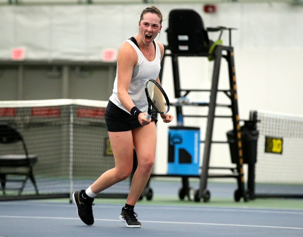 Iowa’s Samantha Mannix celebrates a point during her singles match at the Hawkeye Tennis and Recreation Complex in Iowa City on Sunday, February 23, 2020. (Stephen Mally/hawkeyesports.com)