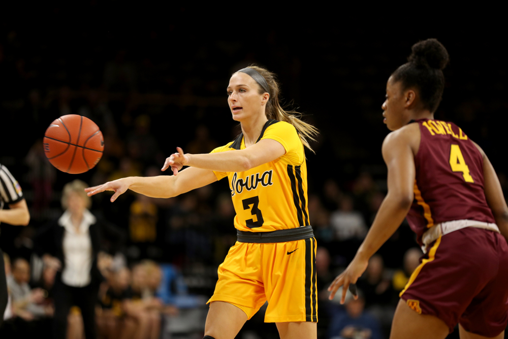 Iowa Hawkeyes guard Makenzie Meyer (3) against the Minnesota Golden Gophers Thursday, February 27, 2020 at Carver-Hawkeye Arena. (Brian Ray/hawkeyesports.com)