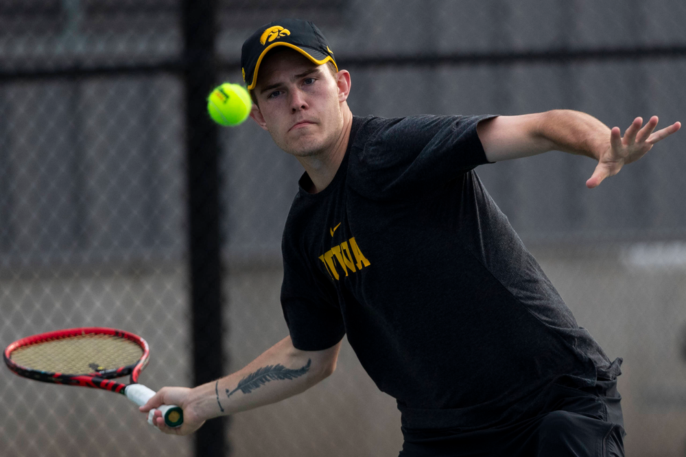 IowaÕs Jonas Larsen at tennis vs Illinois State on Sunday, April 21, 2019 at the Hawkeye Tennis and Recreation Complex. (Lily Smith/hawkeyesports.com)