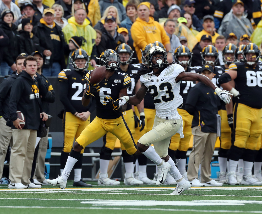 Iowa Hawkeyes wide receiver Ihmir Smith-Marsette (6) makes a one handed catch against the Purdue Boilermakers Saturday, October 19, 2019 at Kinnick Stadium. (Brian Ray/hawkeyesports.com)