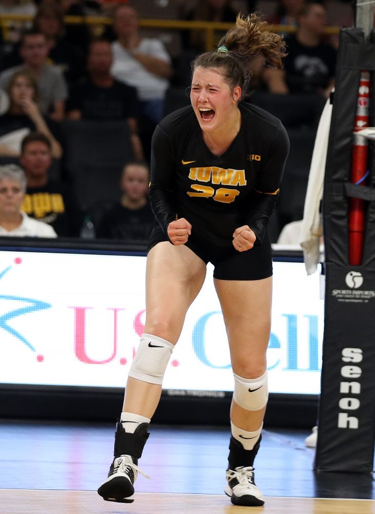 Iowa Hawkeyes outside hitter Edina Schmidt (20) against the Iowa State Cyclones Saturday, September 21, 2019 at Carver-Hawkeye Arena. (Brian Ray/hawkeyesports.com)