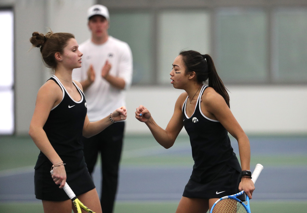 Iowa's Michelle Bacalla and Cloe Ruettte play a doubles match against the Penn State Nittany Lions Sunday, February 24, 2019 at the Hawkeye Tennis and Recreation Complex. (Brian Ray/hawkeyesports.com)
