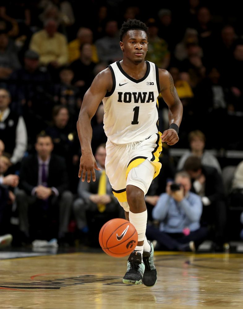 Iowa Hawkeyes guard Joe Toussaint (1) against the Ohio State Buckeyes Thursday, February 20, 2020 at Carver-Hawkeye Arena. (Brian Ray/hawkeyesports.com)