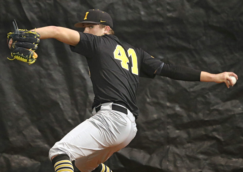 Iowa Hawkeyes pitcher Sean Barnard (41) delivers during practice at the Hansen Football Performance Center in Iowa City on Friday, January 24, 2020. (Stephen Mally/hawkeyesports.com)