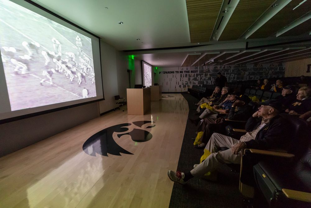 Members of the 1958 National Championship Team watch film from the the 1958 season at the Hansen Football Performance Center Friday, September 21, 2018. (Brian Ray/hawkeyesports.com)