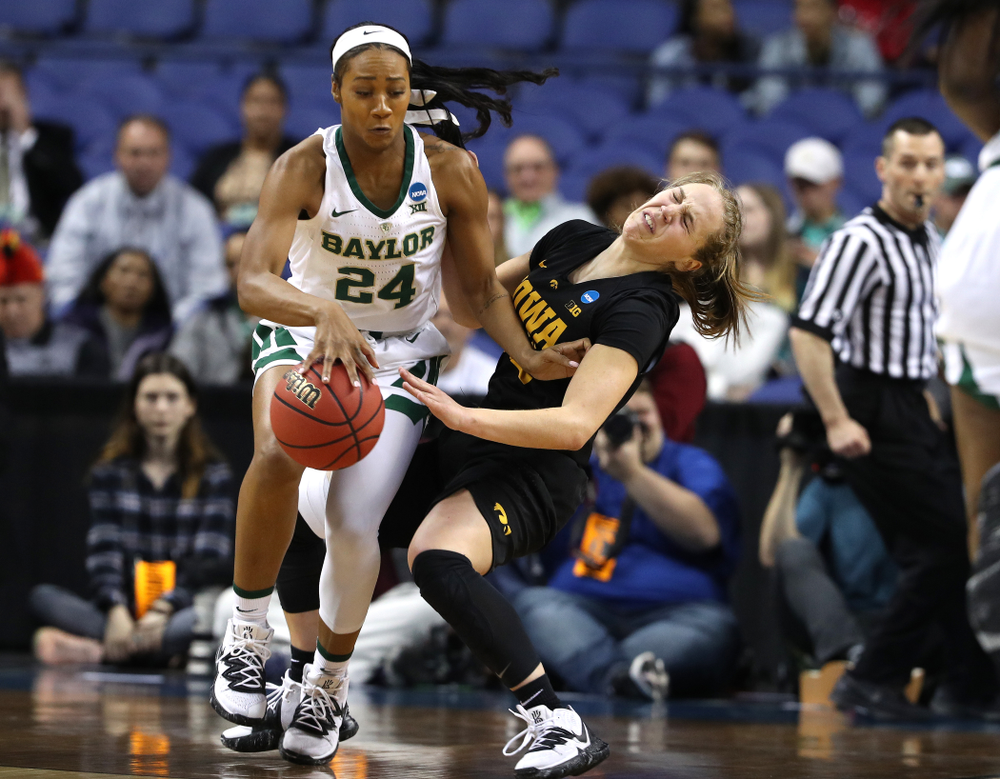 Iowa Hawkeyes guard Kathleen Doyle (22) against the Baylor Lady Bears in the regional final of the 2019 NCAA Women's College Basketball Tournament Monday, April 1, 2019 at Greensboro Coliseum in Greensboro, NC.(Brian Ray/hawkeyesports.com)
