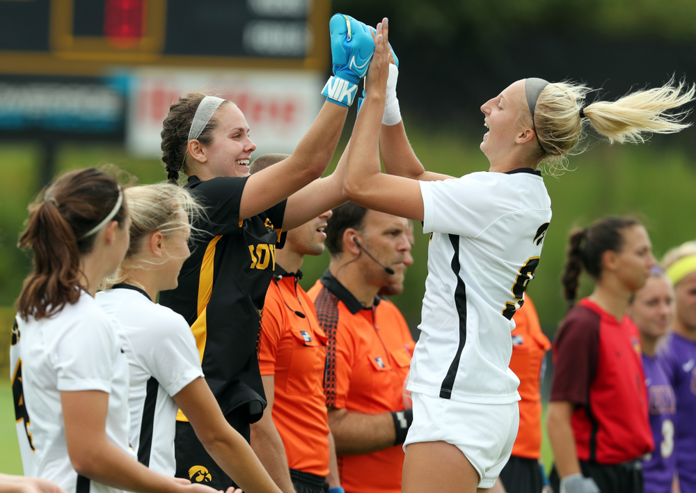 Iowa Hawkeyes goalkeeper Claire Graves (1) and forward Jenny Cape (19) during a 6-1 win over Northern Iowa Sunday, August 25, 2019 at the Iowa Soccer Complex. (Brian Ray/hawkeyesports.com)