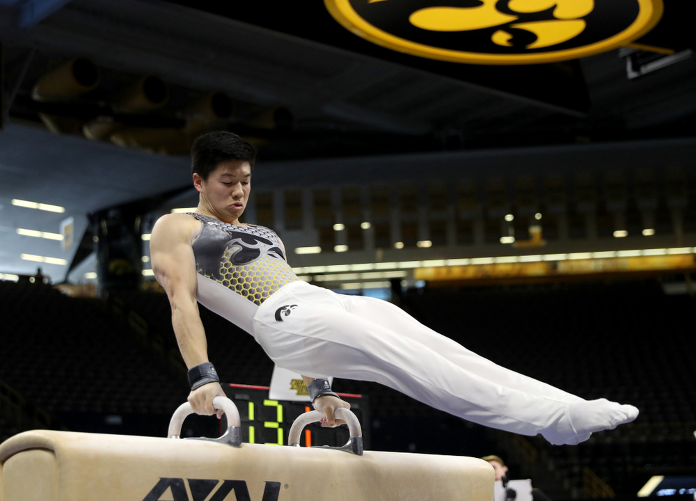 Iowa’s Bennet Huang competes on the Pommel Horse against UIC and Minnesota Saturday, February 1, 2020 at Carver-Hawkeye Arena. (Brian Ray/hawkeyesports.com)