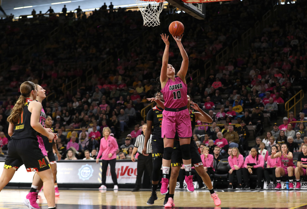 Iowa Hawkeyes forward Megan Gustafson (10) against the seventh ranked Maryland Terrapins Sunday, February 17, 2019 at Carver-Hawkeye Arena. (Brian Ray/hawkeyesports.com)