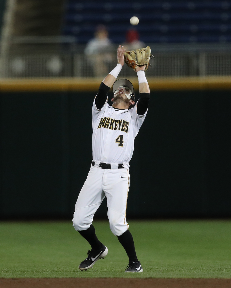 Iowa Hawkeyes infielder Mitchell Boe (4) against the Minnesota Golden Gophers in the Big Ten Baseball Tournament Friday, May 24, 2019 at TD Ameritrade Park in Omaha, Neb. (Brian Ray/hawkeyesports.com)