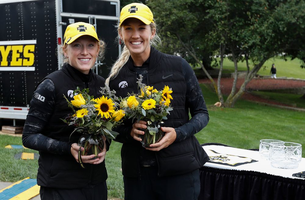 Iowa's Kristin Glesne and Shawn Rennegarbe pose for a photo after the final round of the Diane Thomason Invitational at Finkbine Golf Course on September 30, 2018. (Tork Mason/hawkeyesports.com)
