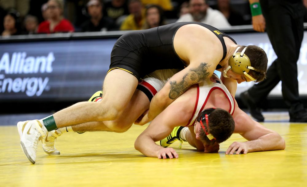 Iowa’s Abe Assad wrestles Nebraska’s Taylor Venz at 184 pounds Saturday, January 18, 2020 at Carver-Hawkeye Arena. Assad won the match 6-4. (Brian Ray/hawkeyesports.com)