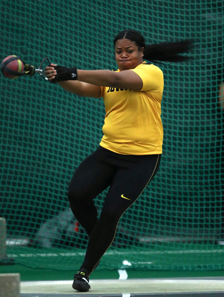 Iowa's Laulauga Tausaga competes in the weight throw during the Jimmy Grant Invitational Saturday, December 8, 2018 at the Hawkeye Tennis and Recreation Center. (Brian Ray/hawkeyesports.com)