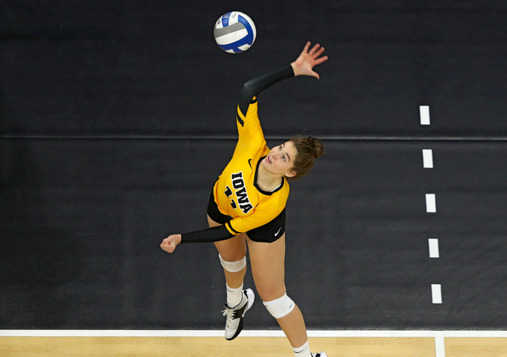 Iowa’s Blythe Rients (11) gets up for a shot during the fourth set of their match at Carver-Hawkeye Arena in Iowa City on Friday, Nov 29, 2019. (Stephen Mally/hawkeyesports.com)