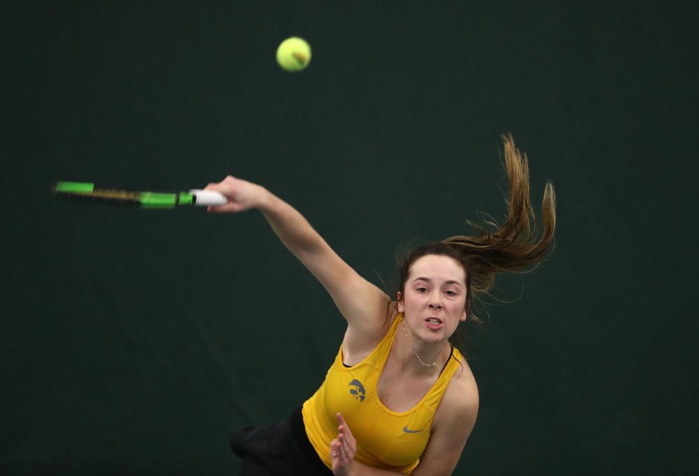 Iowa's Sam Mannix plays a doubles match against Xavier Friday, January 18, 2019 at the Hawkeye Tennis and Recreation Center. (Brian Ray/hawkeyesports.com)