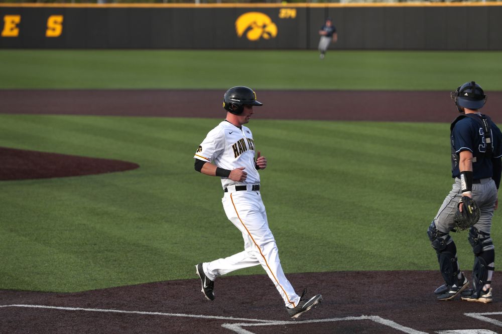 Iowa Hawkeyes Chris Whelan (28) scores during game one against UC Irvine Friday, May 3, 2019 at Duane Banks Field. (Brian Ray/hawkeyesports.com)