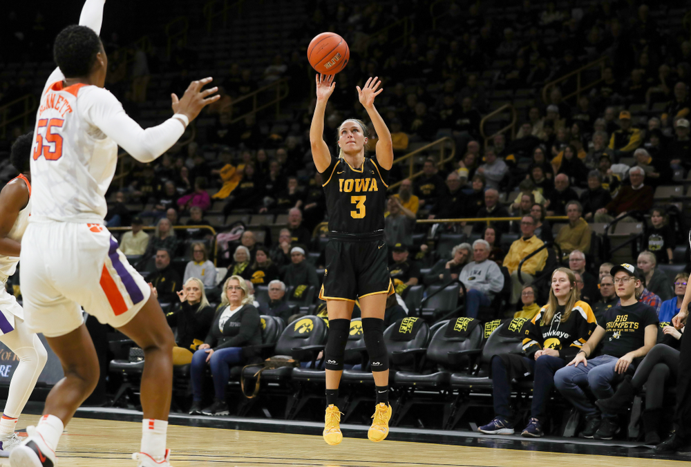 Iowa Hawkeyes guard Makenzie Meyer (3) knocks down a three point basket against Clemson Wednesday, December 4, 2019 at Carver-Hawkeye Arena. (Brian Ray/hawkeyesports.com)
