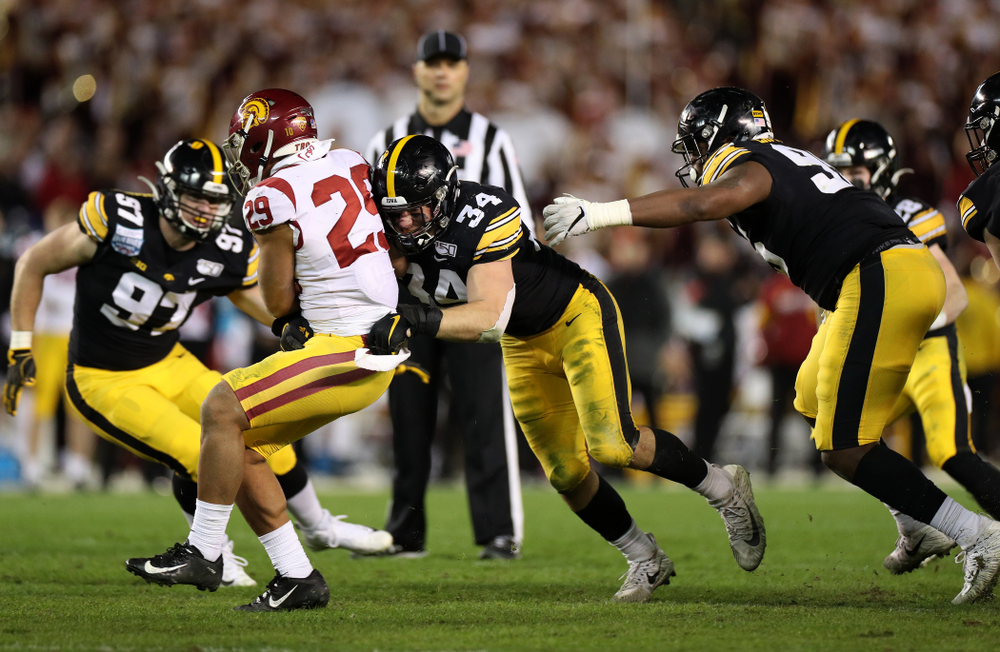 Iowa Hawkeyes linebacker Kristian Welch (34) against USC in the Holiday Bowl Friday, December 27, 2019 at San Diego Community Credit Union Stadium. (Brian Ray/hawkeyesports.com)