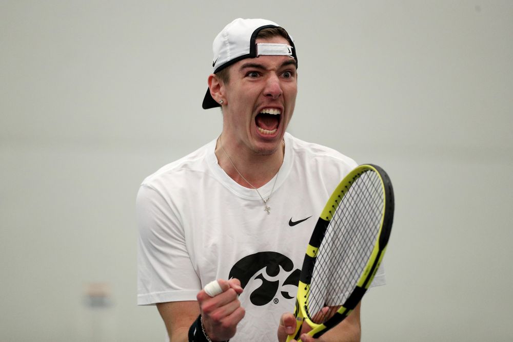 Iowa’s Karem Allaf and Nikita Snezhko play a doubles match against Cornell Sunday, March 8, 2020 at the Hawkeye Tennis and Recreation Center. (Brian Ray/hawkeyesports.com)