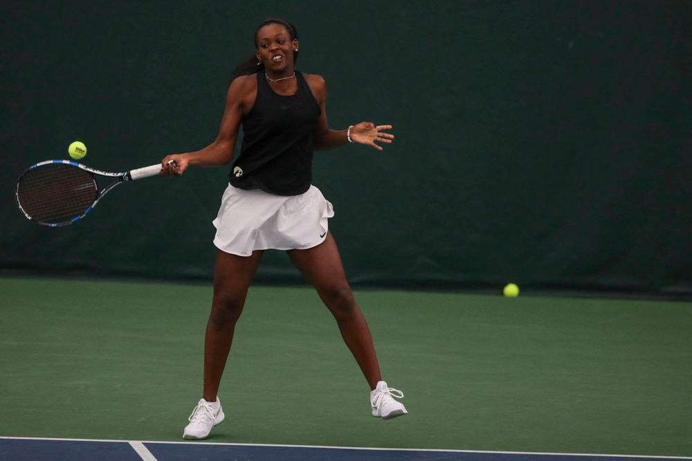 IowaÕs Adorabol Huckleby at womenÕs tennis senior day vs Nebraska on Saturday, April 13, 2019 at the Hawkeye Tennis and Recreation Complex. (Lily Smith/hawkeyesports.com)