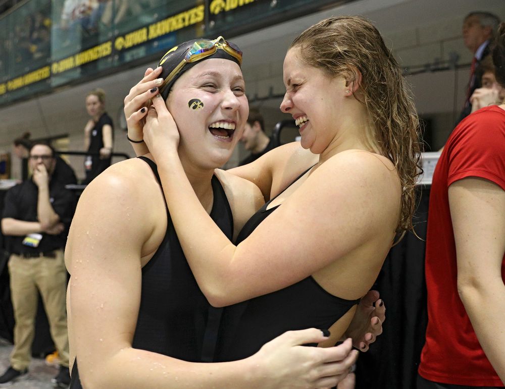 Iowa’s Aleksandra Olesiak celebrates after setting a career-best time in the women’s 200 yard breaststroke C final event during the 2020 Women’s Big Ten Swimming and Diving Championships at the Campus Recreation and Wellness Center in Iowa City on Saturday, February 22, 2020. (Stephen Mally/hawkeyesports.com)