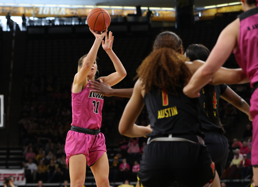 Iowa Hawkeyes forward Hannah Stewart (21) against the seventh ranked Maryland Terrapins Sunday, February 17, 2019 at Carver-Hawkeye Arena. (Brian Ray/hawkeyesports.com)