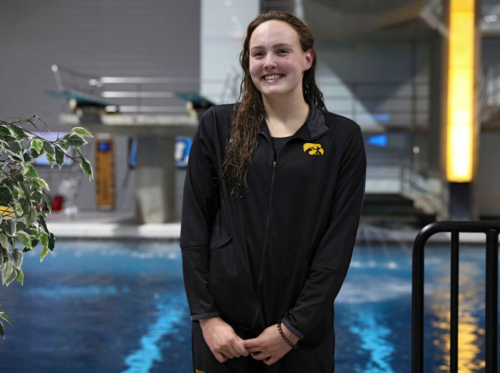 Iowa’s Emilia Sansome on the awards stand after swimming the women’s 200 yard backstroke final event during the 2020 Women’s Big Ten Swimming and Diving Championships at the Campus Recreation and Wellness Center in Iowa City on Saturday, February 22, 2020. (Stephen Mally/hawkeyesports.com)