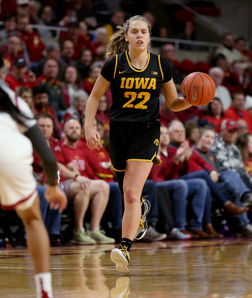Iowa Hawkeyes guard Kathleen Doyle (22) against the Iowa State Cyclones Wednesday, December 11, 2019 at Hilton Coliseum in Ames, Iowa(Brian Ray/hawkeyesports.com)