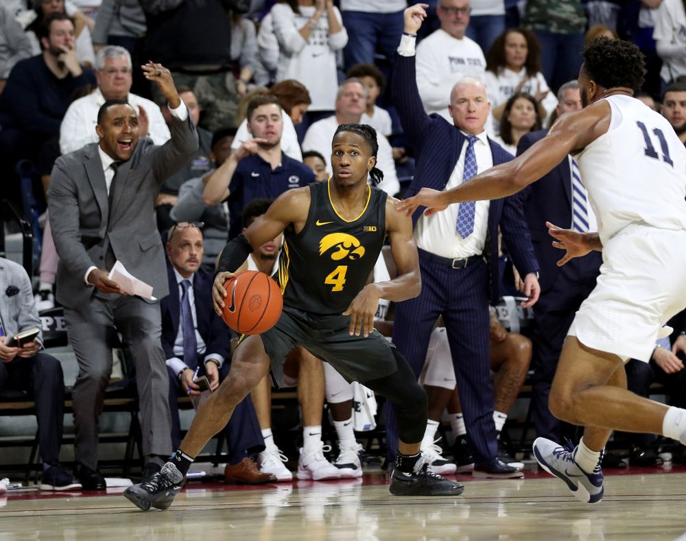 Iowa Hawkeyes guard Bakari Evelyn (4) against Penn State Saturday, January 4, 2020 at the Palestra in Philadelphia. (Brian Ray/hawkeyesports.com)
