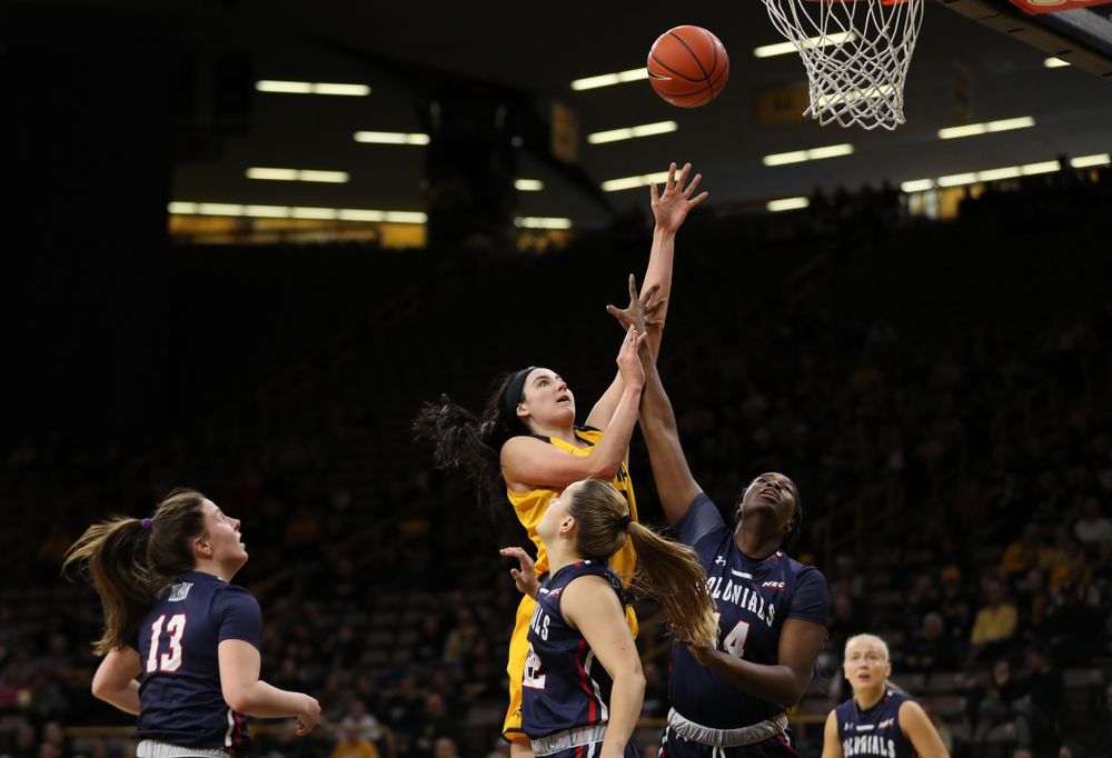 Iowa Hawkeyes forward Megan Gustafson (10) against the Robert Morris Colonials Sunday, December 2, 2018 at Carver-Hawkeye Arena. (Brian Ray/hawkeyesports.com)