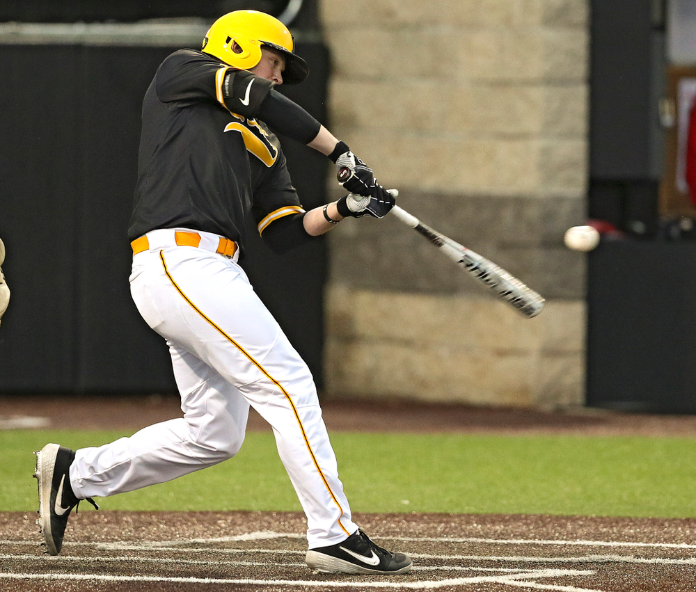 Iowa Hawkeyes first baseman Zeb Adreon (5) bats during the eighth inning of their game against Illinois State at Duane Banks Field in Iowa City on Wednesday, Apr. 3, 2019. (Stephen Mally/hawkeyesports.com)