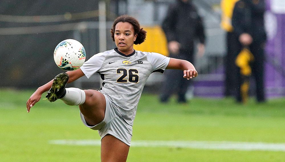 Iowa midfielder/forward Melina Hegelheimer (26) tries to control the ball during the first half of their match at the Iowa Soccer Complex in Iowa City on Sunday, Sep 29, 2019. (Stephen Mally/hawkeyesports.com)