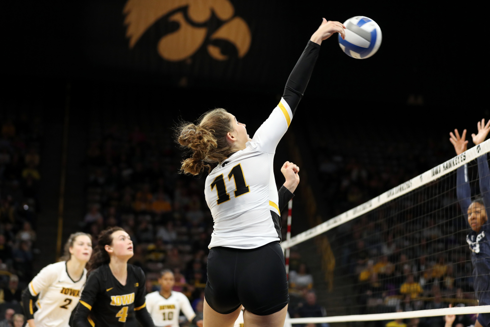 Iowa Hawkeyes middle blocker Blythe Rients (11) against Penn State Friday, November 1, 2019 at Carver Hawkeye Arena. (Brian Ray/hawkeyesports.com)
