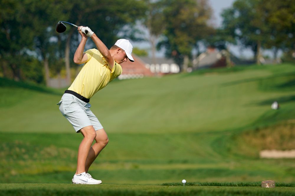 Iowa’s Benton Weinberg tees off during the third day of the Golfweek Conference Challenge at the Cedar Rapids Country Club in Cedar Rapids on Tuesday, Sep 17, 2019. (Stephen Mally/hawkeyesports.com)